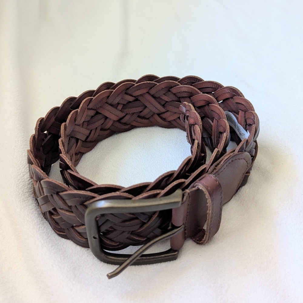 GAP Brown Braided Leather Wide Belt with Bronze Buckle